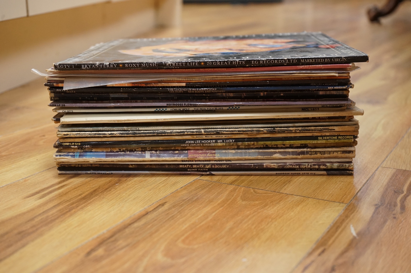 Twenty-eight LP record albums, etc. artists including; The Rolling Stones, Pink Floyd, John Lee Hooker, Wings, Barbra Streisand, Blind Faith, David Bowie, Ian Drury, Rod Stewart, etc. including a cover for the Beatles Wh